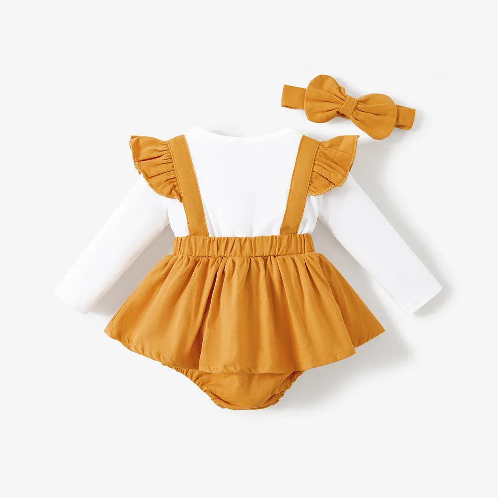 2pcs Baby Girl 100% Cotton Bear Graphic Ruffle Trim Long-sleeve Faux-two Romper & Headband Set big image 2