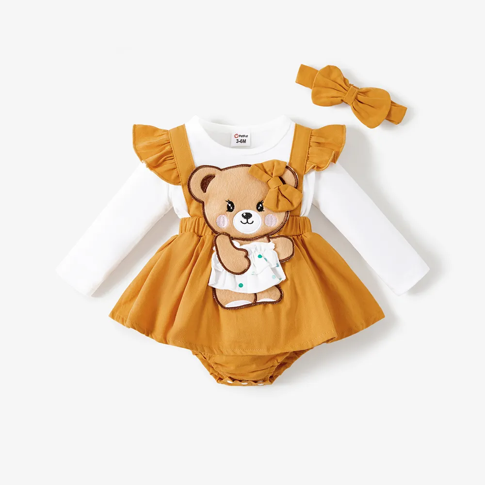 2pcs Baby Girl 100% Cotton Bear Graphic Ruffle Trim Long-sleeve Faux-two Romper & Headband Set  big image 1