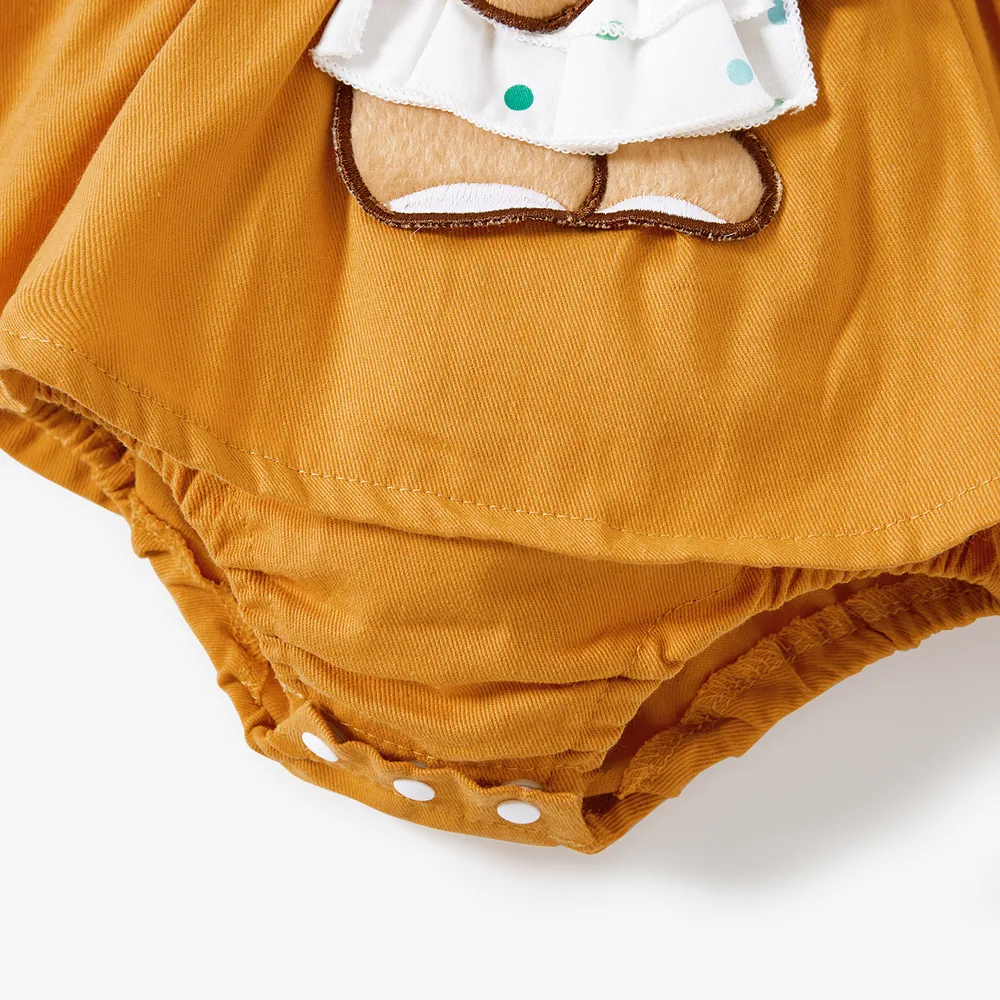 2pcs Baby Girl 100% Cotton Bear Graphic Ruffle Trim Long-sleeve Faux-two Romper & Headband Set  big image 5