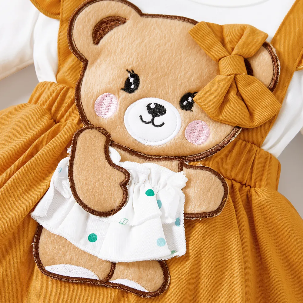 2pcs Baby Girl 100% Cotton Bear Graphic Ruffle Trim Long-sleeve Faux-two Romper & Headband Set big image 3