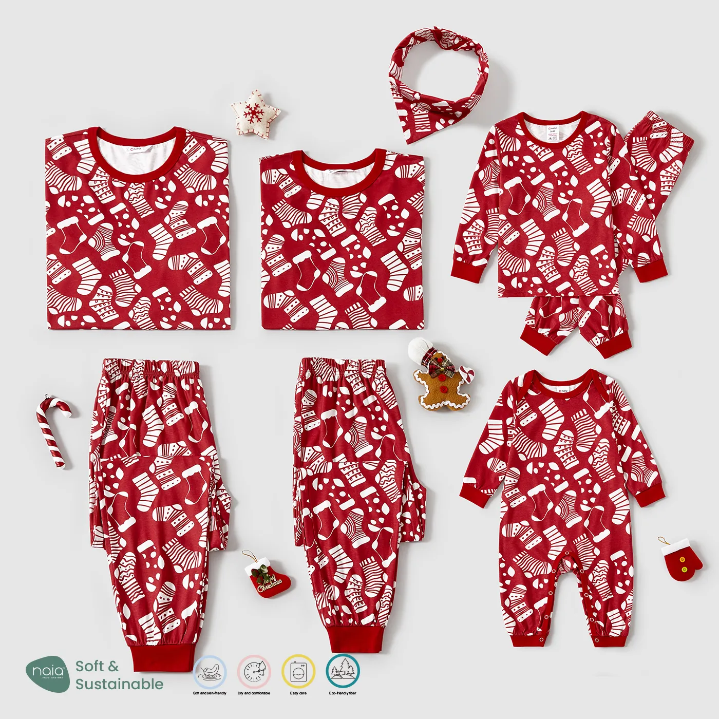 Christmas Socks Allover Print Family Matching Red Naia™ Pajamas Sets (Flame Resistant)