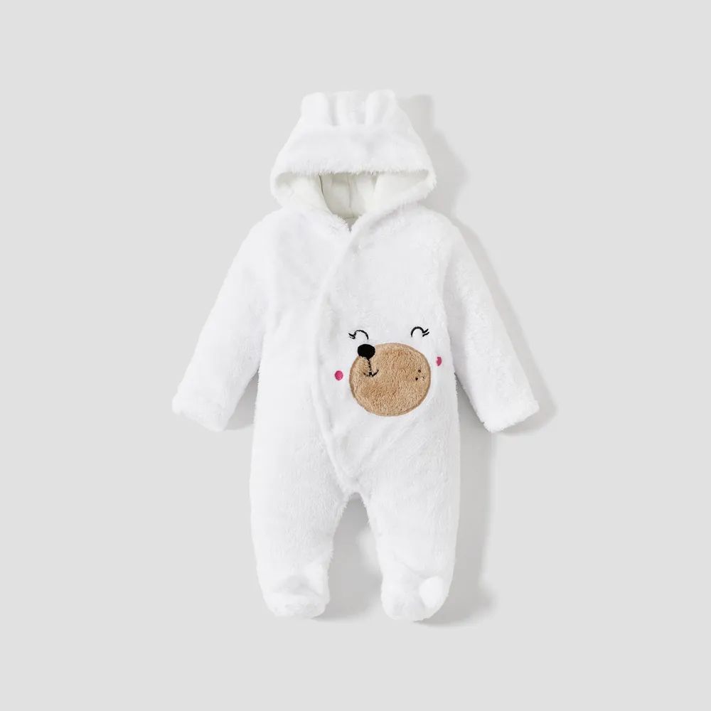Bear Design Fleece Hooded Footed/footie Long-sleeve Baby Jumpsuit big image 1
