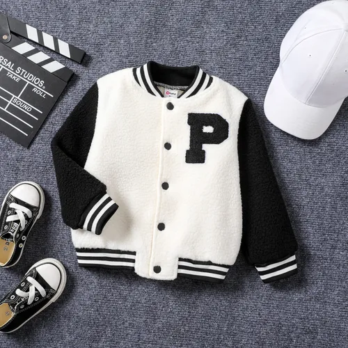 Toddler Boy Letters Colorblock Embroidery Buttons Front Long-sleeve Varsity Warm Coat/Jacket