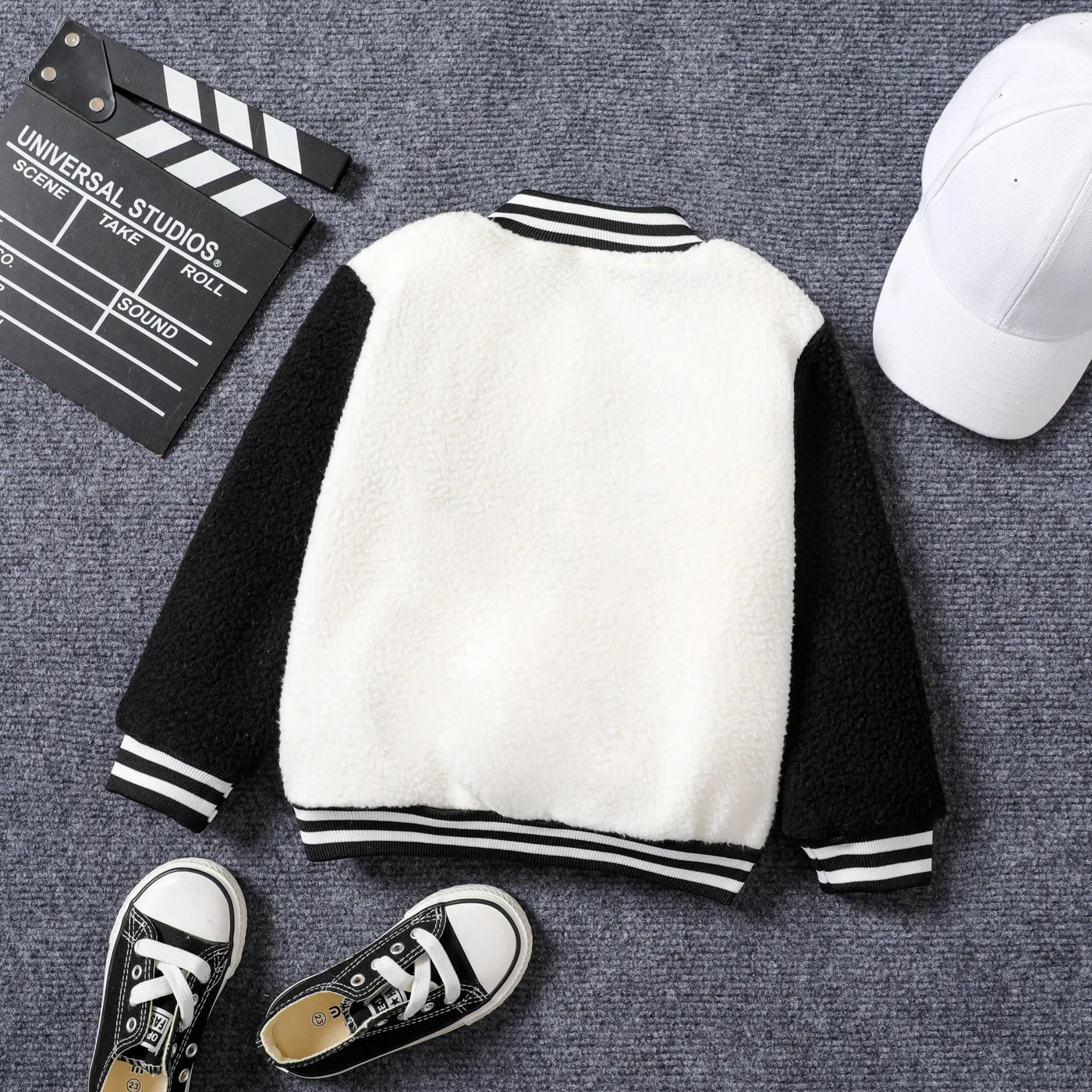 Toddler Boy Letters Colorblock Embroidery Buttons Front Long-sleeve Varsity Warm Coat/Jacket White image 2