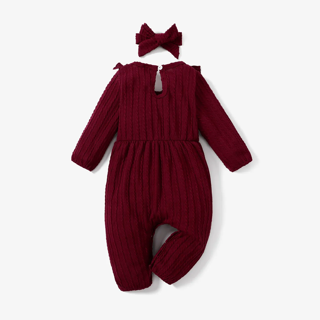 2pcs Baby Girl 95% Cotton Long-sleeve Ruffle Bowknot Jumpsuit with Headband Set Burgundy big image 1