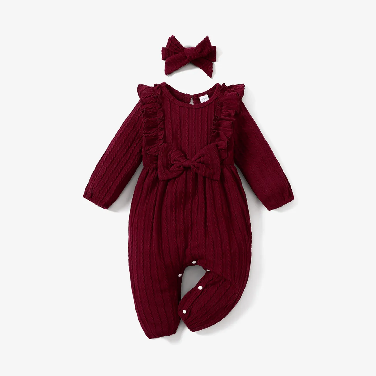 2pcs Baby Girl 95% Cotton Long-sleeve Ruffle Bowknot Jumpsuit with Headband Set Burgundy big image 1