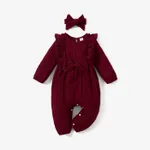 2pcs Baby Girl 95% Cotton Long-sleeve Ruffle Bowknot Jumpsuit with Headband Set Burgundy