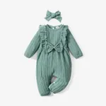 2pcs Baby Girl 95% Cotton Long-sleeve Ruffle Bowknot Jumpsuit with Headband Set Green