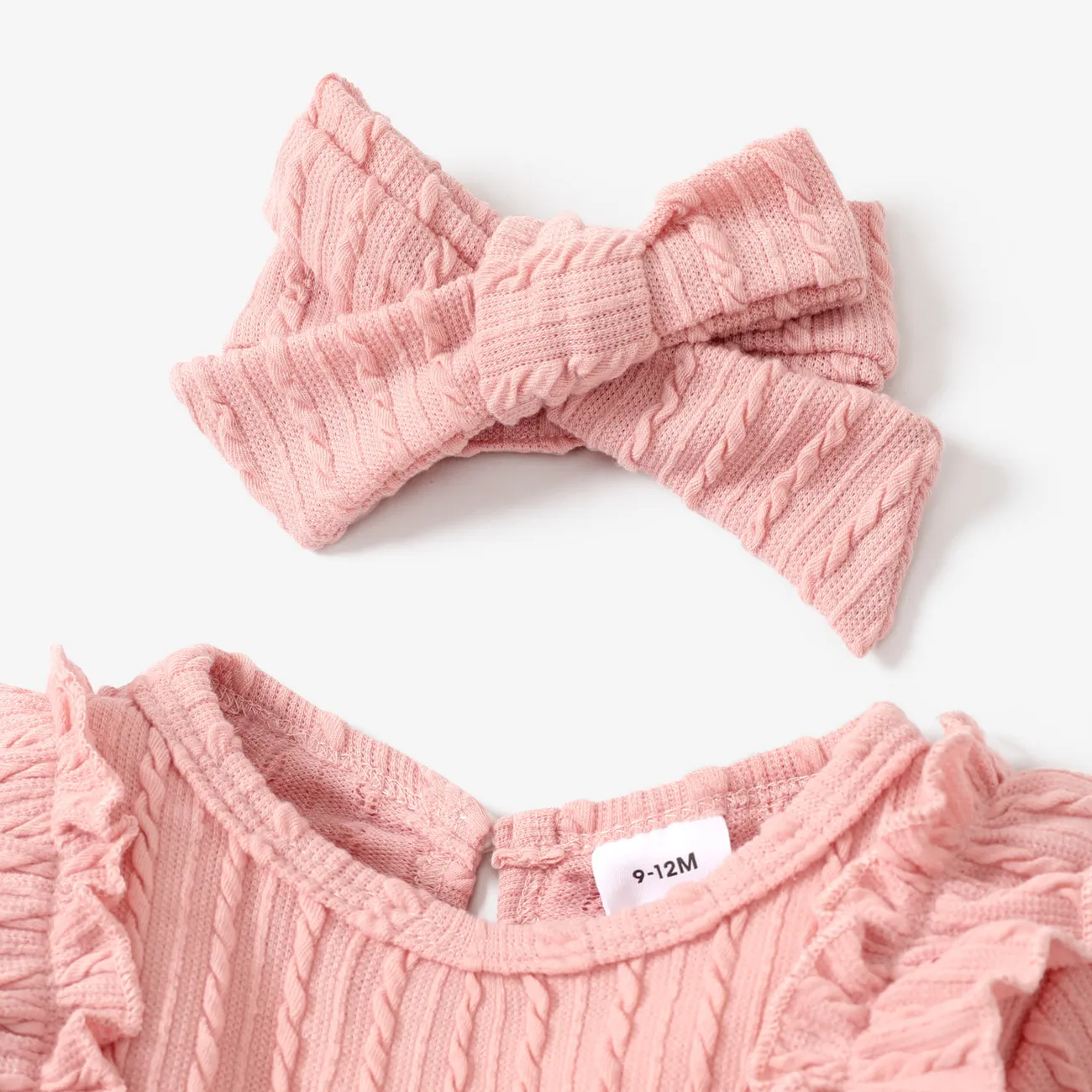 2pcs Baby Girl 95% Cotton Long-sleeve Ruffle Bowknot Jumpsuit with Headband Set Pink big image 1
