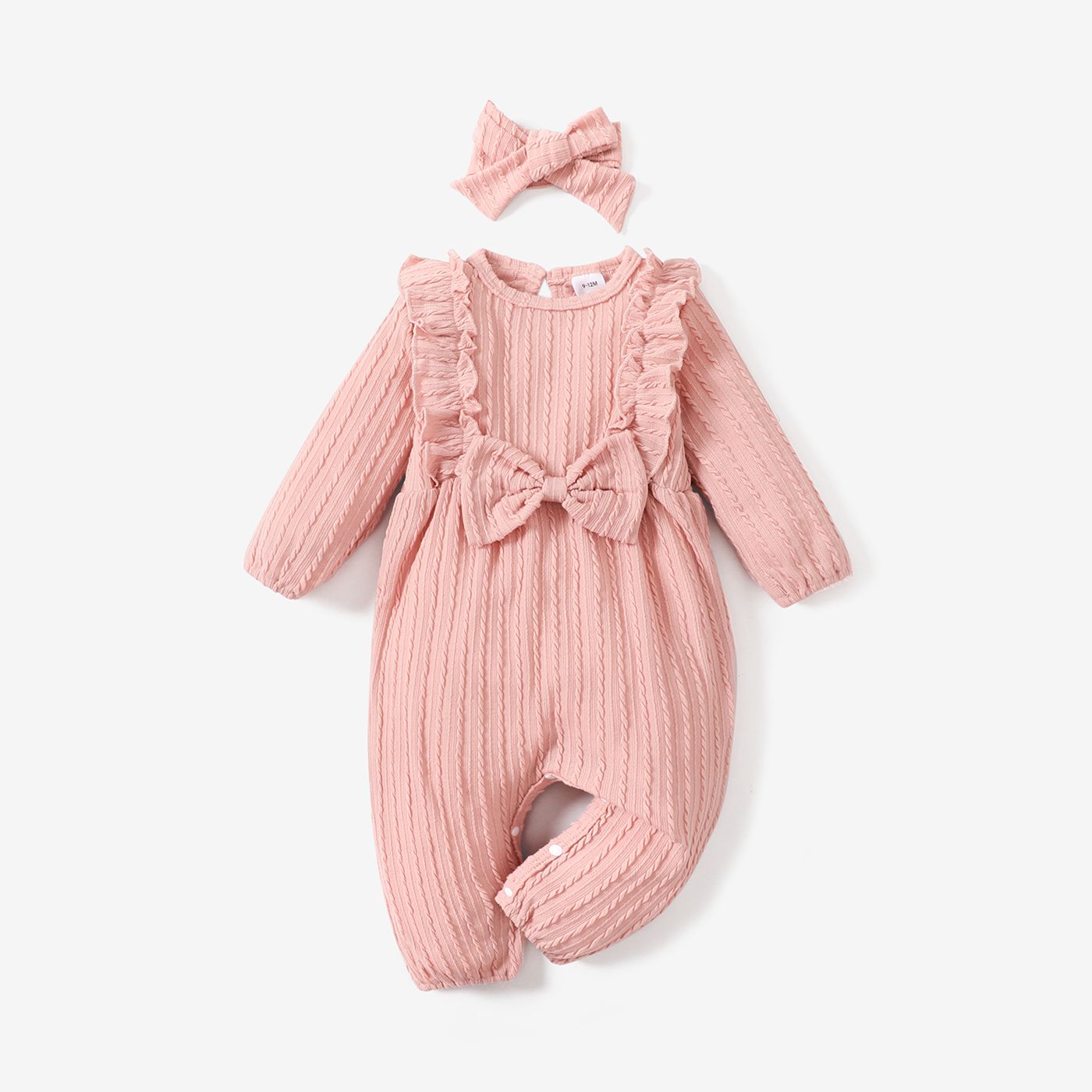 2pcs Baby Girl 95% Cotton Long-sleeve Ruffle Bowknot Jumpsuit With Headband Set