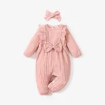 2pcs Baby Girl 95% Cotton Long-sleeve Ruffle Bowknot Jumpsuit with Headband Set Pink