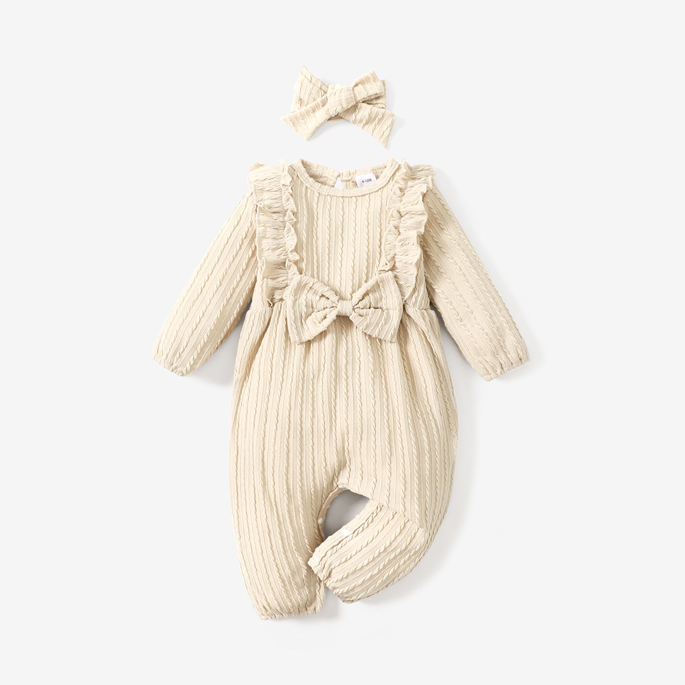 2pcs Baby Girl 95% Cotton Long-sleeve Ruffle Bowknot Jumpsuit With Headband Set