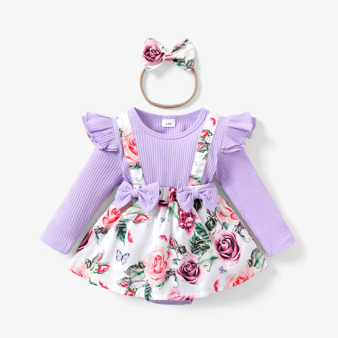 2pcs Baby Girl 95% Cotton Ribbed Long-sleeve Faux-two Floral Print Romper with Headband Set Light Purple