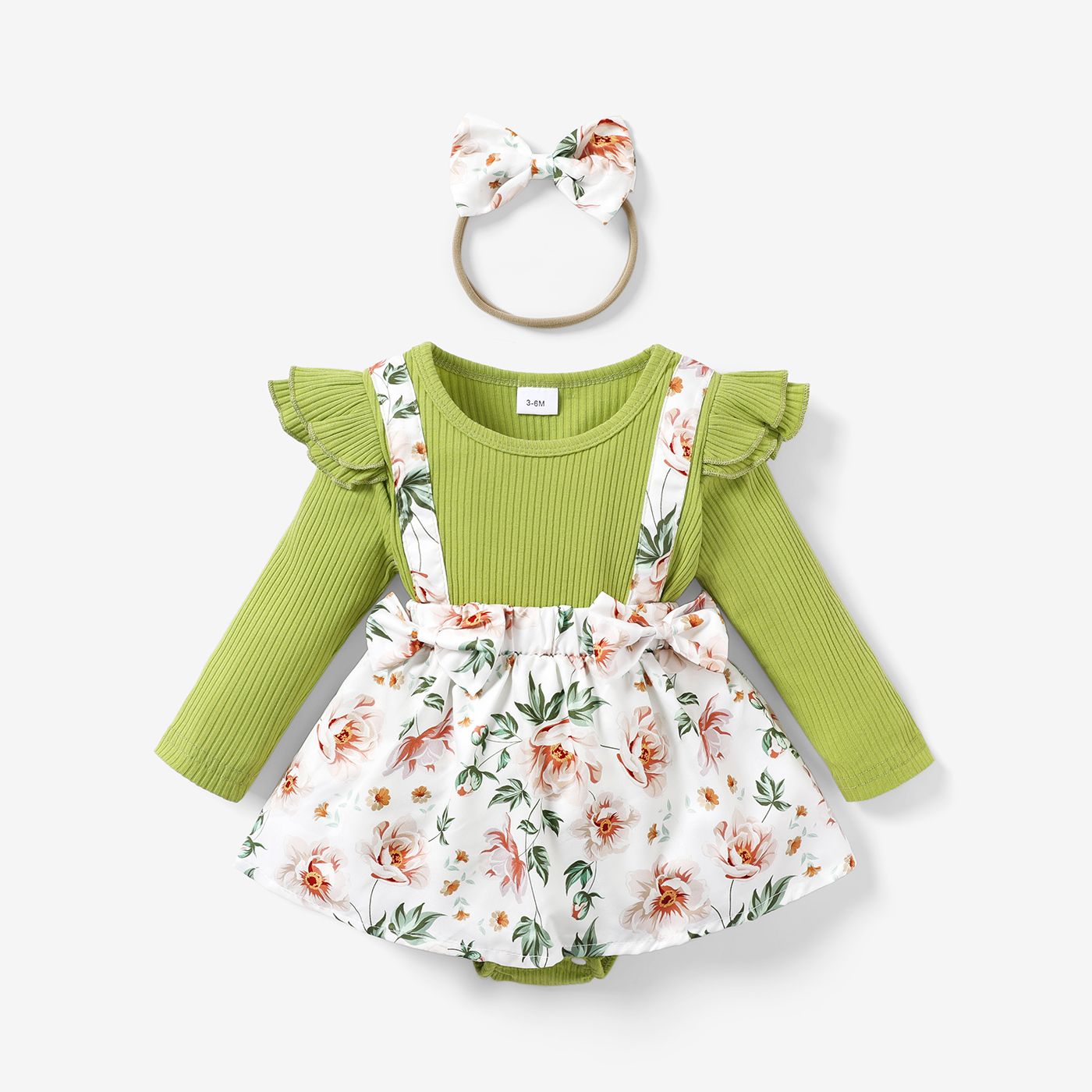 2pcs Baby Girl 95% Cotton Ribbed Long-sleeve Faux-two Floral Print Romper With Headband Set