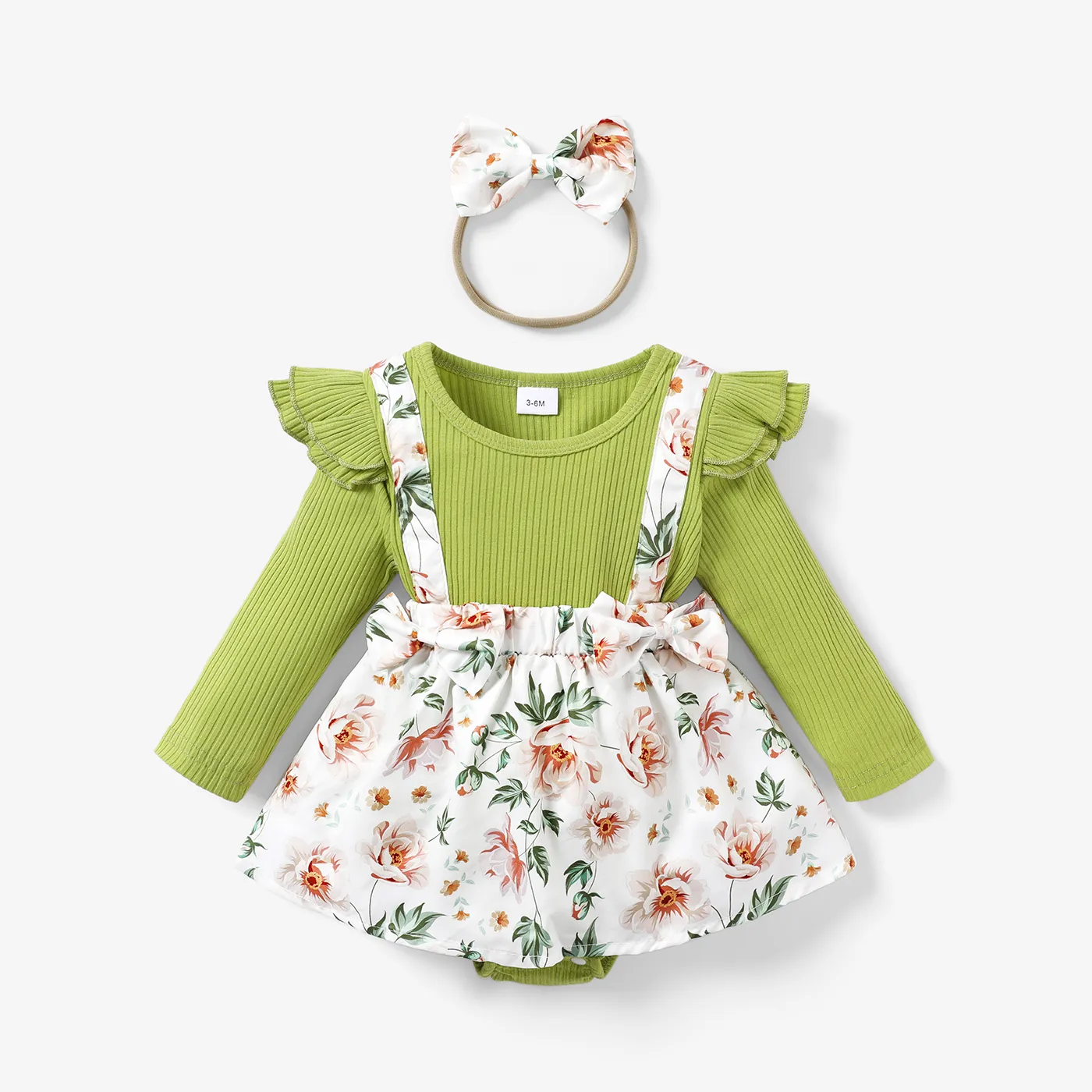 2pcs Baby Girl 95% Cotton Ribbed Long-sleeve Faux-two Floral Print Romper with Headband Set Green