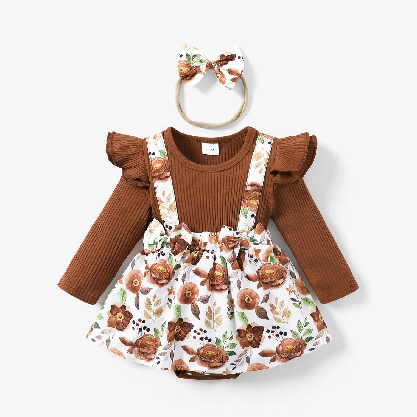 2pcs Baby Girl 95% Cotton Ribbed Long-sleeve Faux-two Floral Print Romper with Headband Set Brown