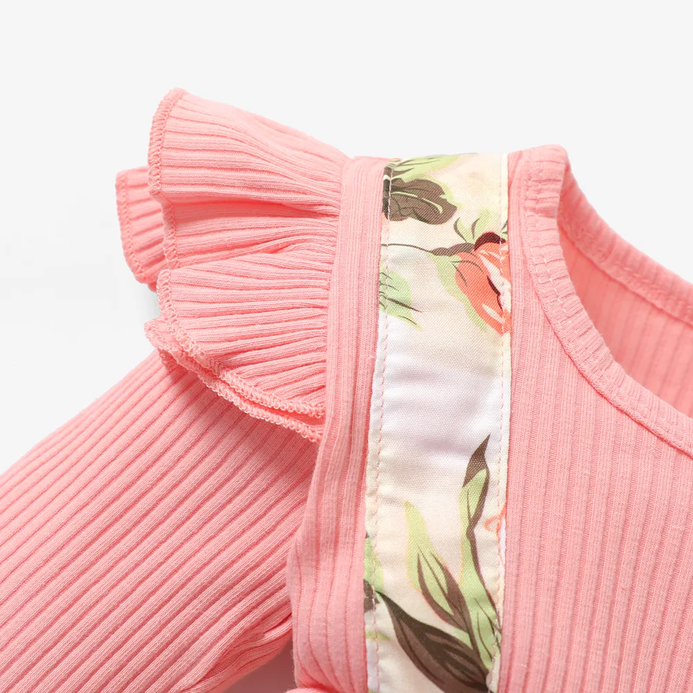 2pcs Baby Girl 95% Cotton Ribbed Long-sleeve Faux-two Floral Print Romper with Headband Set big image 3