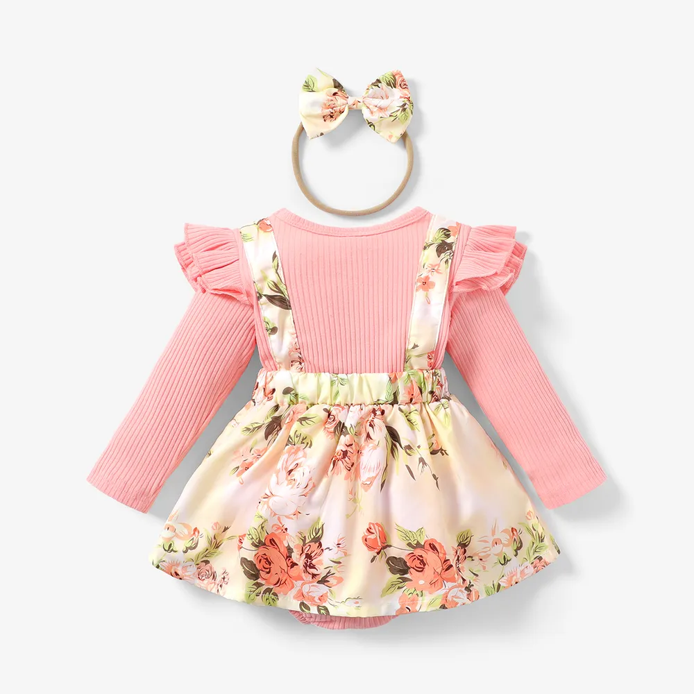 2pcs Baby Girl 95% Cotton Ribbed Long-sleeve Faux-two Floral Print Romper with Headband Set  big image 2