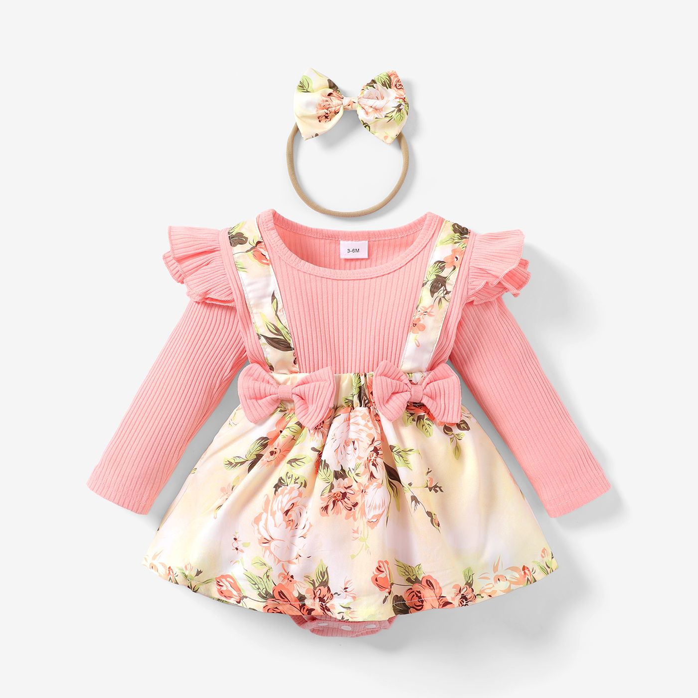 2pcs Baby Girl 95% Cotton Ribbed Long-sleeve Faux-two Floral Print Romper With Headband Set
