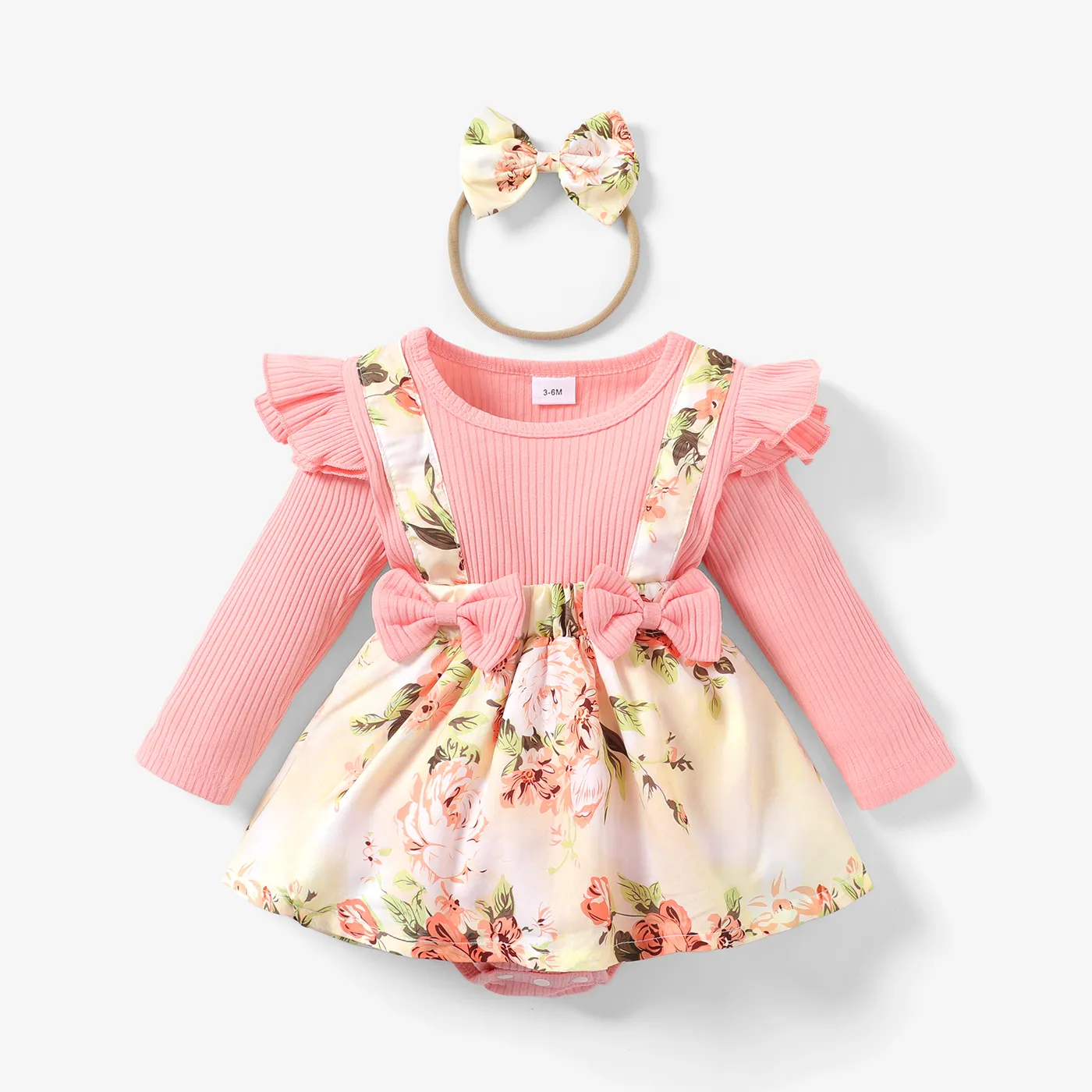 2pcs Baby Girl 95% Cotton Ribbed Long-sleeve Faux-two Floral Print Romper with Headband Set  image 1