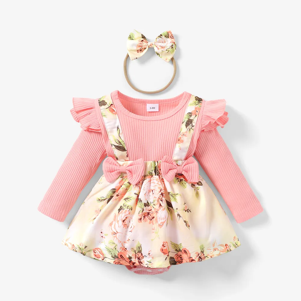 2pcs Baby Girl 95% Cotton Ribbed Long-sleeve Faux-two Floral Print Romper with Headband Set  big image 1