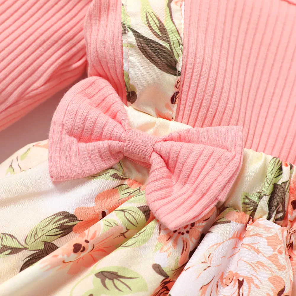 2pcs Baby Girl 95% Cotton Ribbed Long-sleeve Faux-two Floral Print Romper with Headband Set big image 4