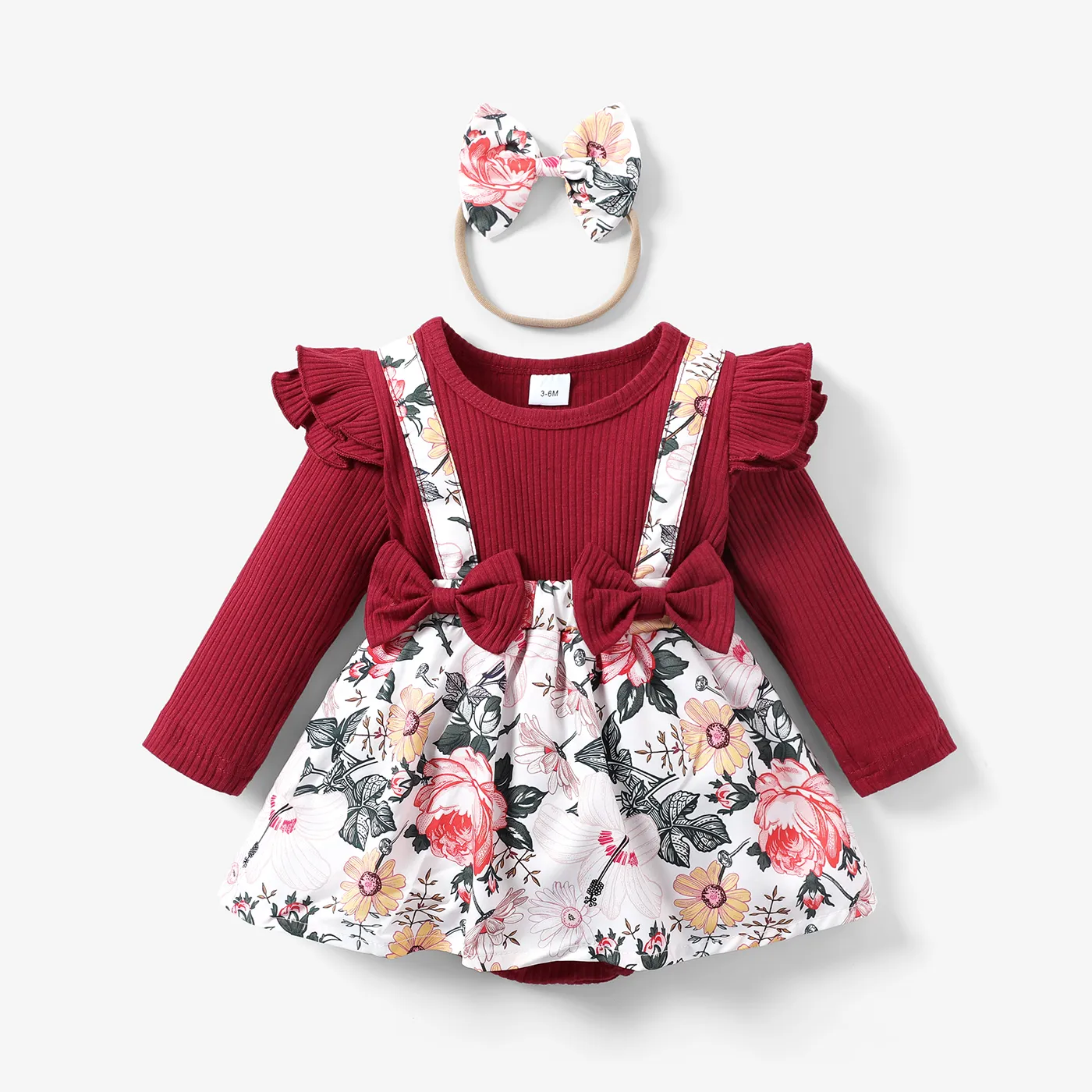 2pcs Baby Girl 95% Cotton Ribbed Long-sleeve Faux-two Floral Print Romper with Headband Set Red