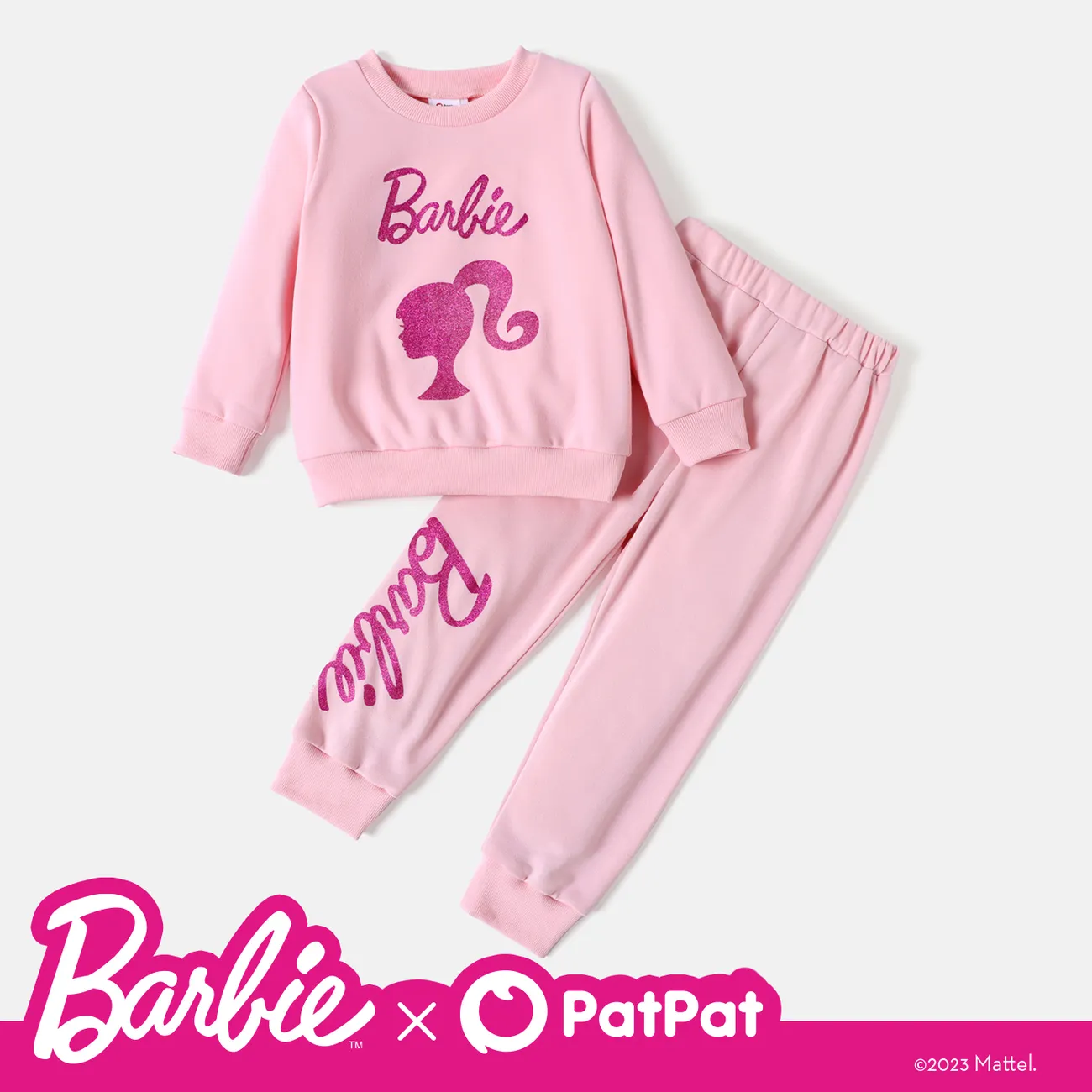 Barbie 2pcs Toddler Girl Character Letter Print Cotton Pullover Sweatshirt and Elasticized Pants Set Pink big image 1