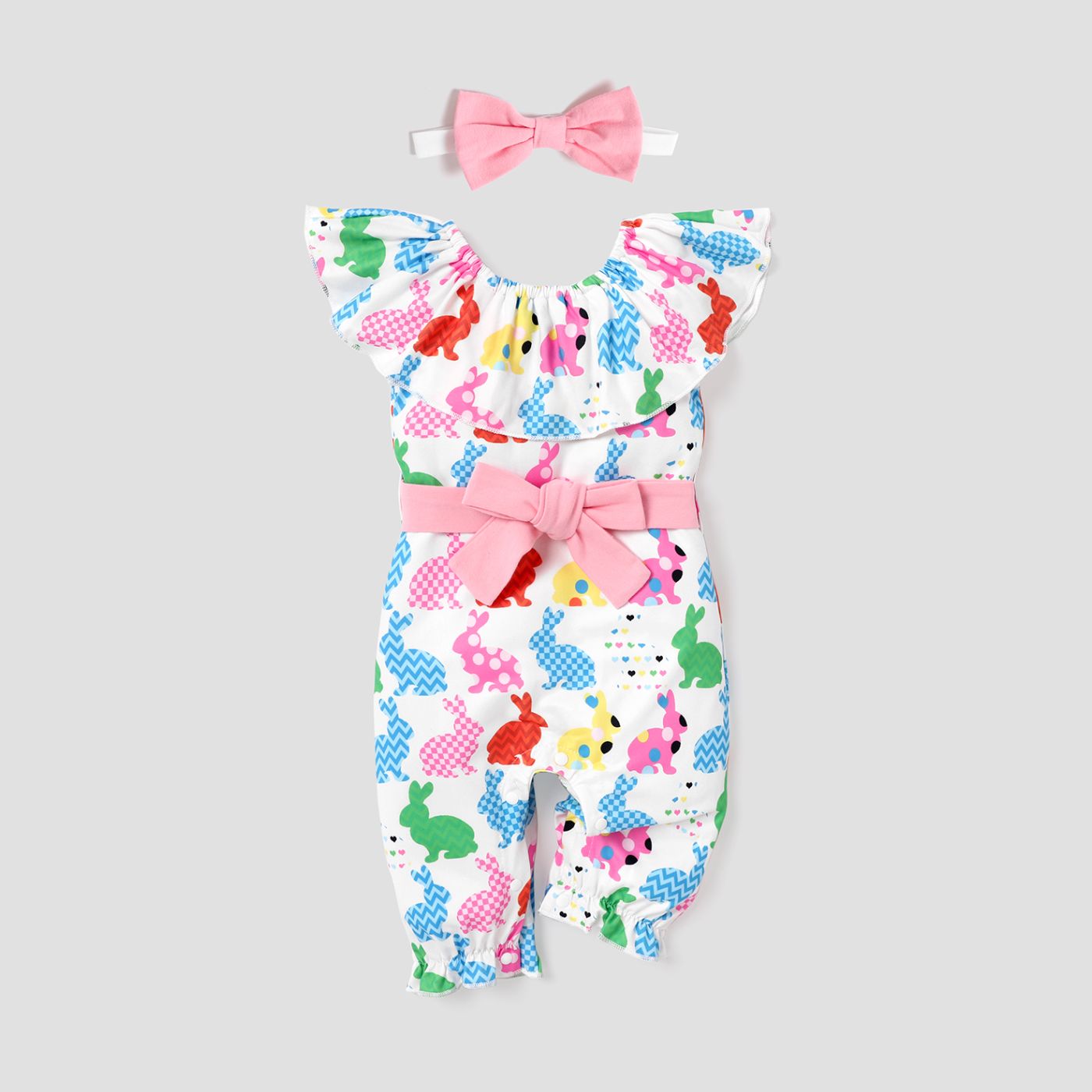 3pcs Baby Girl Allover Multicolor Rabbit Ruffle Collar Jumpsuit With Belt & Headband Set