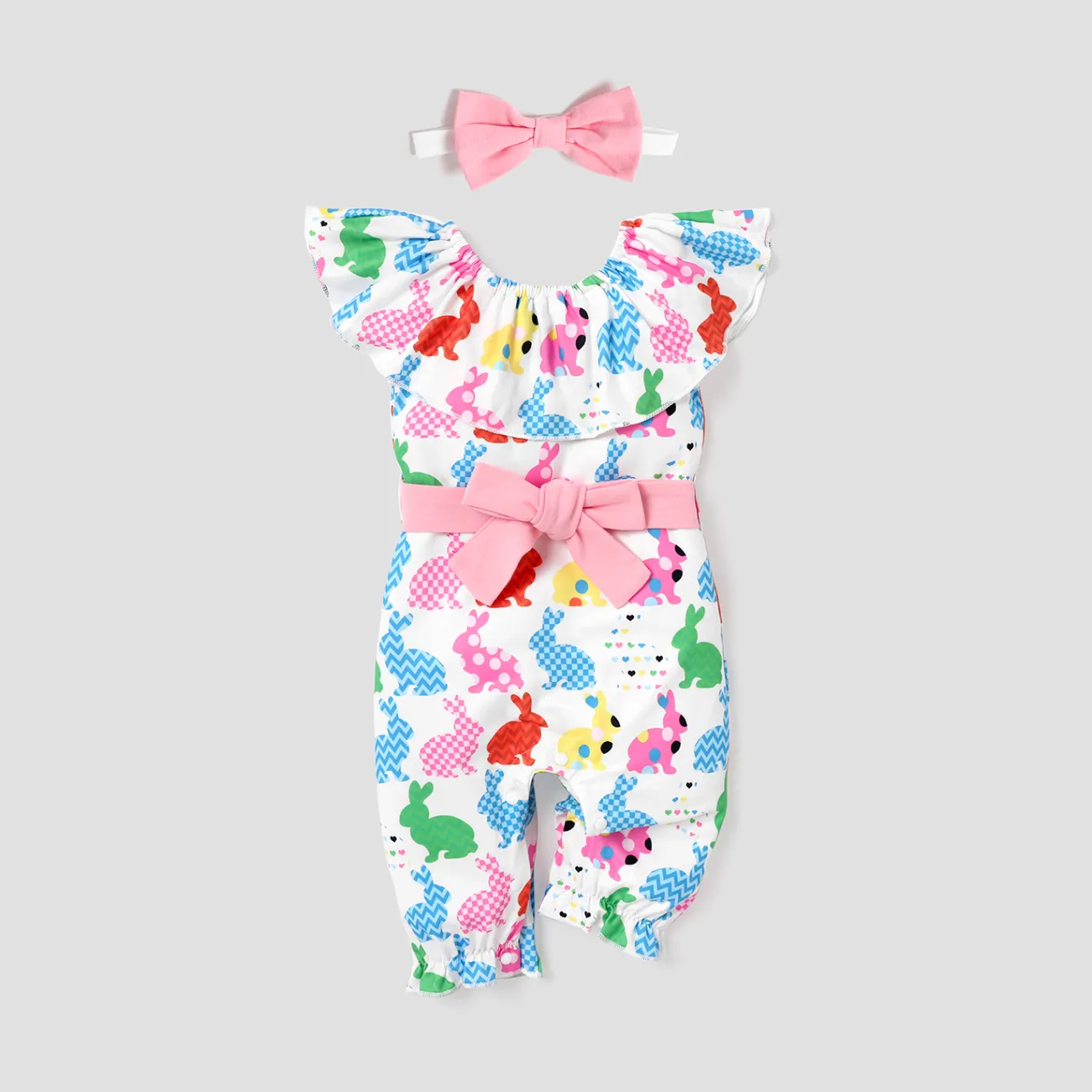 

Easter Baby Girl Rabbit Print Ruffle Collar Jumpsuit with Belt & Headband