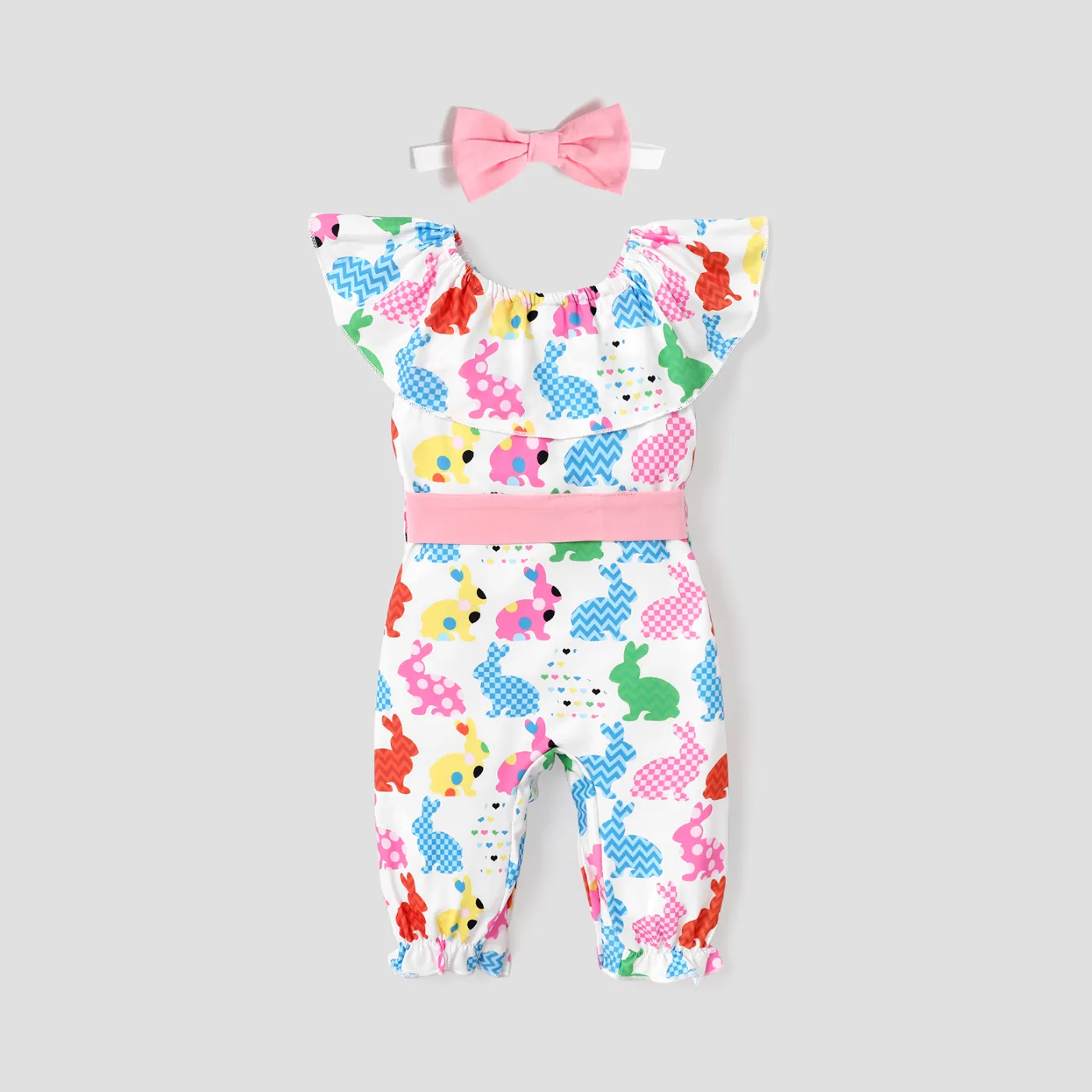 3pcs Baby Girl Allover Multicolor Rabbit Ruffle Collar Jumpsuit with Belt & Headband Set Colorful image 2