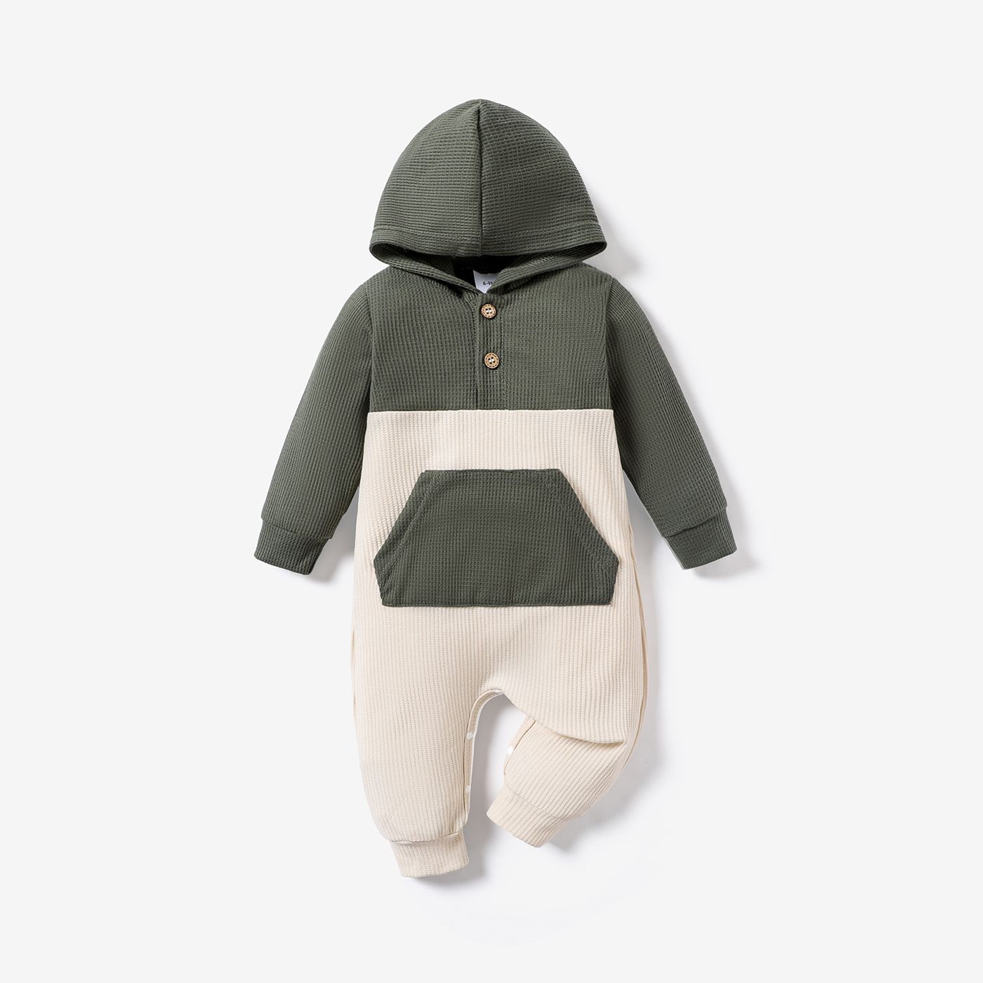 Waffle Colorblock Long-sleeve Hooded Baby Jumpsuit