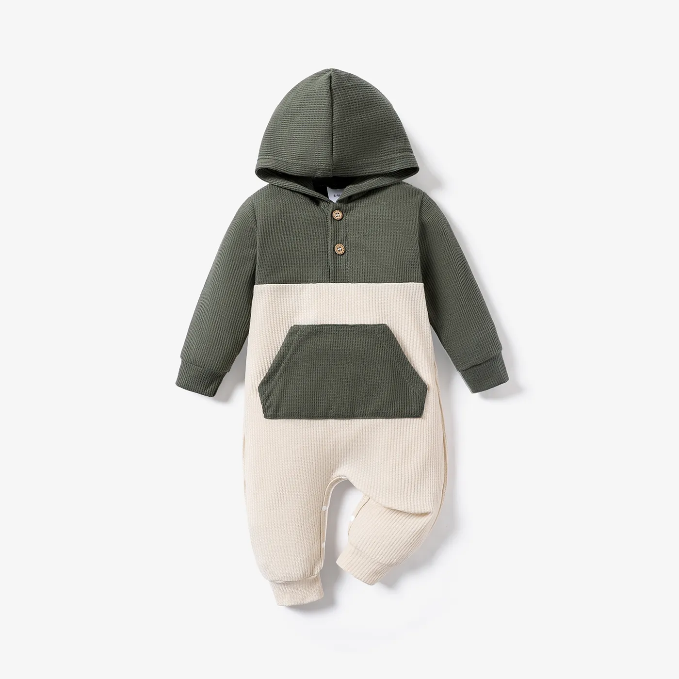 Waffle Colorblock Long-sleeve Hooded Baby Jumpsuit Army green big image 1