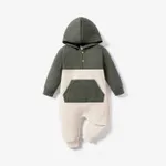 Waffle Colorblock Long-sleeve Hooded Baby Jumpsuit Army green