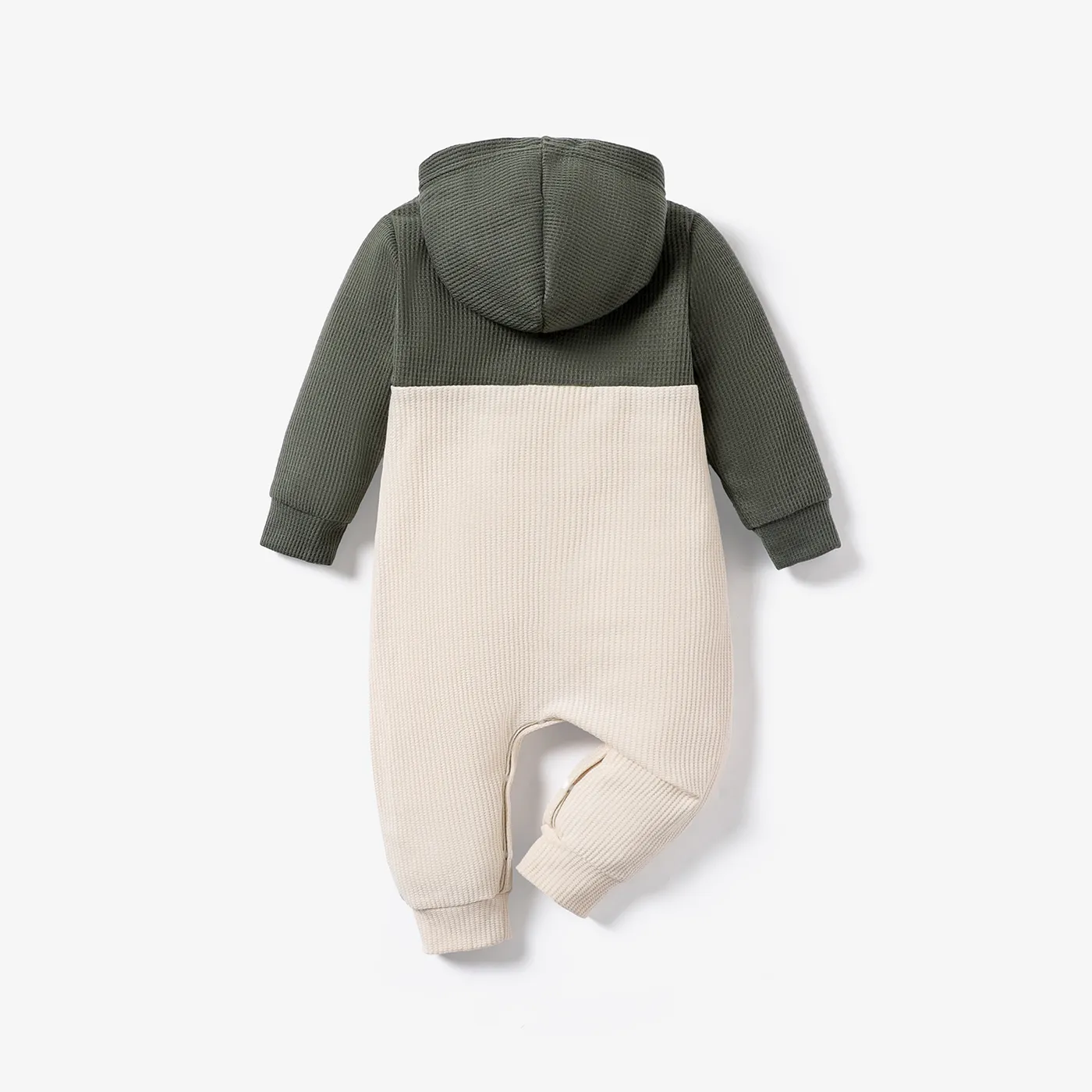 Waffle Colorblock Long-sleeve Hooded Baby Jumpsuit Army green image 2