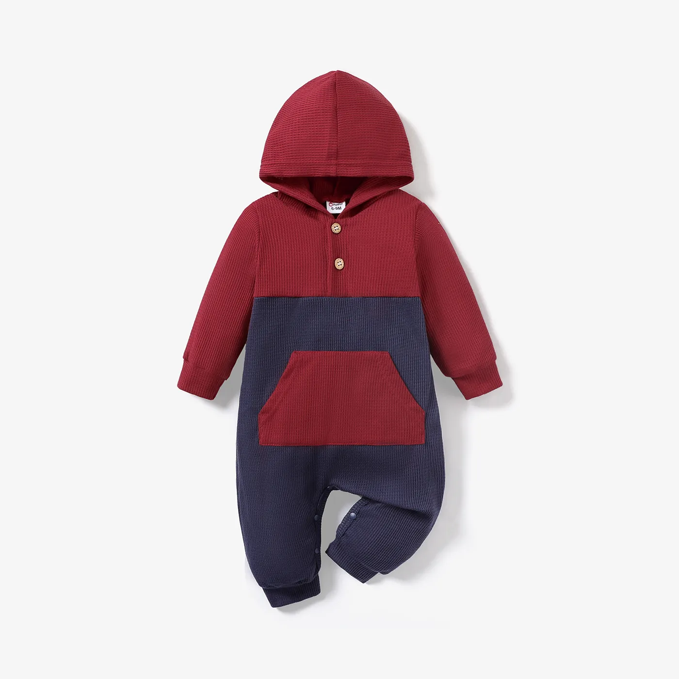 Waffle Colorblock Long-sleeve Hooded Baby Jumpsuit Dark Blue