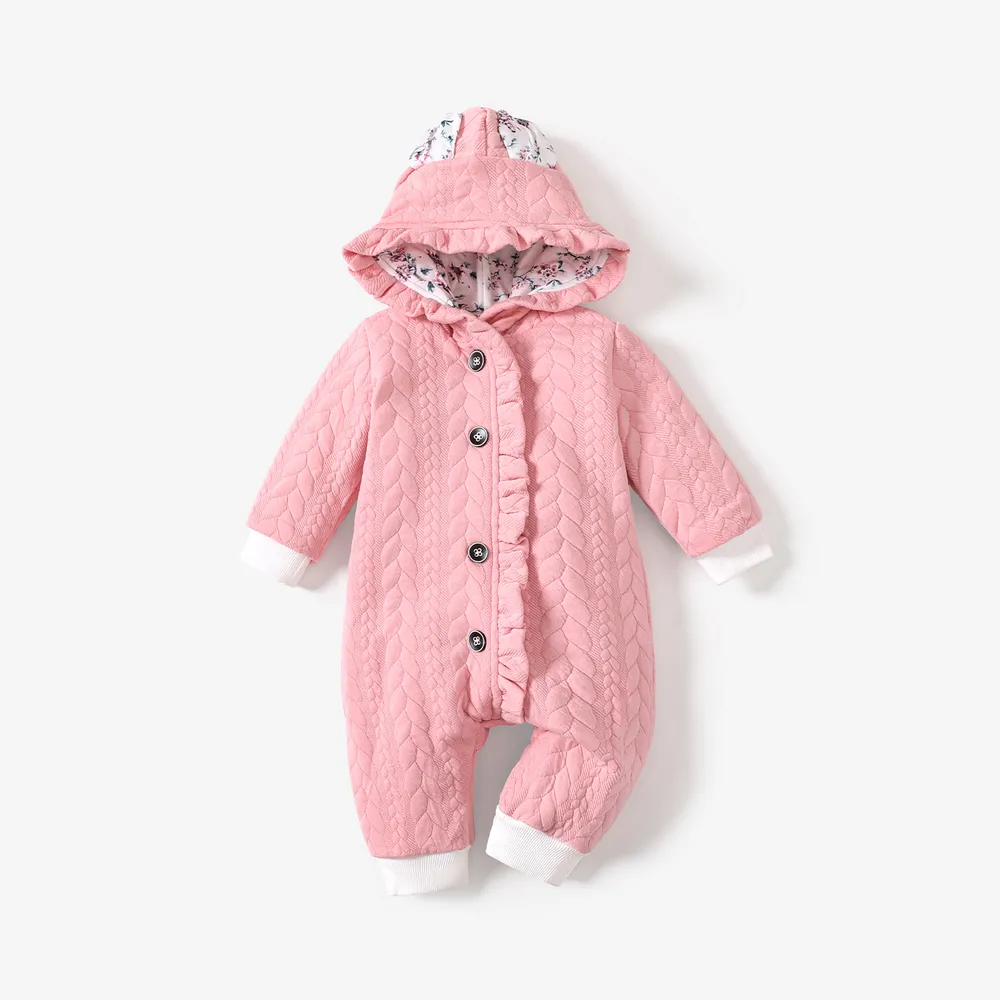 3D Ears Hooded Long-sleeve Ruffle Pink Thickened Lined Baby Jumpsuit  big image 1