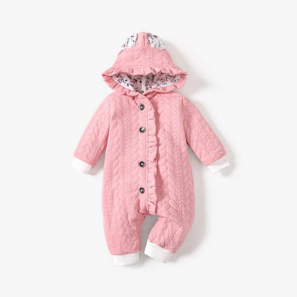 3D Ears Hooded Long-sleeve Ruffle Pink Thickened Lined Baby Jumpsuit big image 1