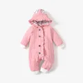 3D Ears Hooded Long-sleeve Ruffle Pink Thickened Lined Baby Jumpsuit  image 1