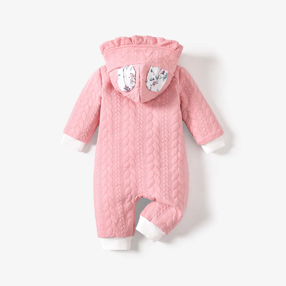 3D Ears Hooded Long-sleeve Ruffle Pink Thickened Lined Baby Jumpsuit big image 2