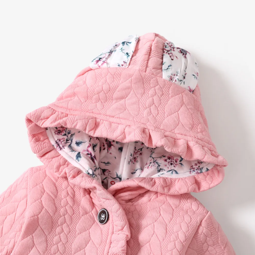 3D Ears Hooded Long-sleeve Ruffle Pink Thickened Lined Baby Jumpsuit big image 3