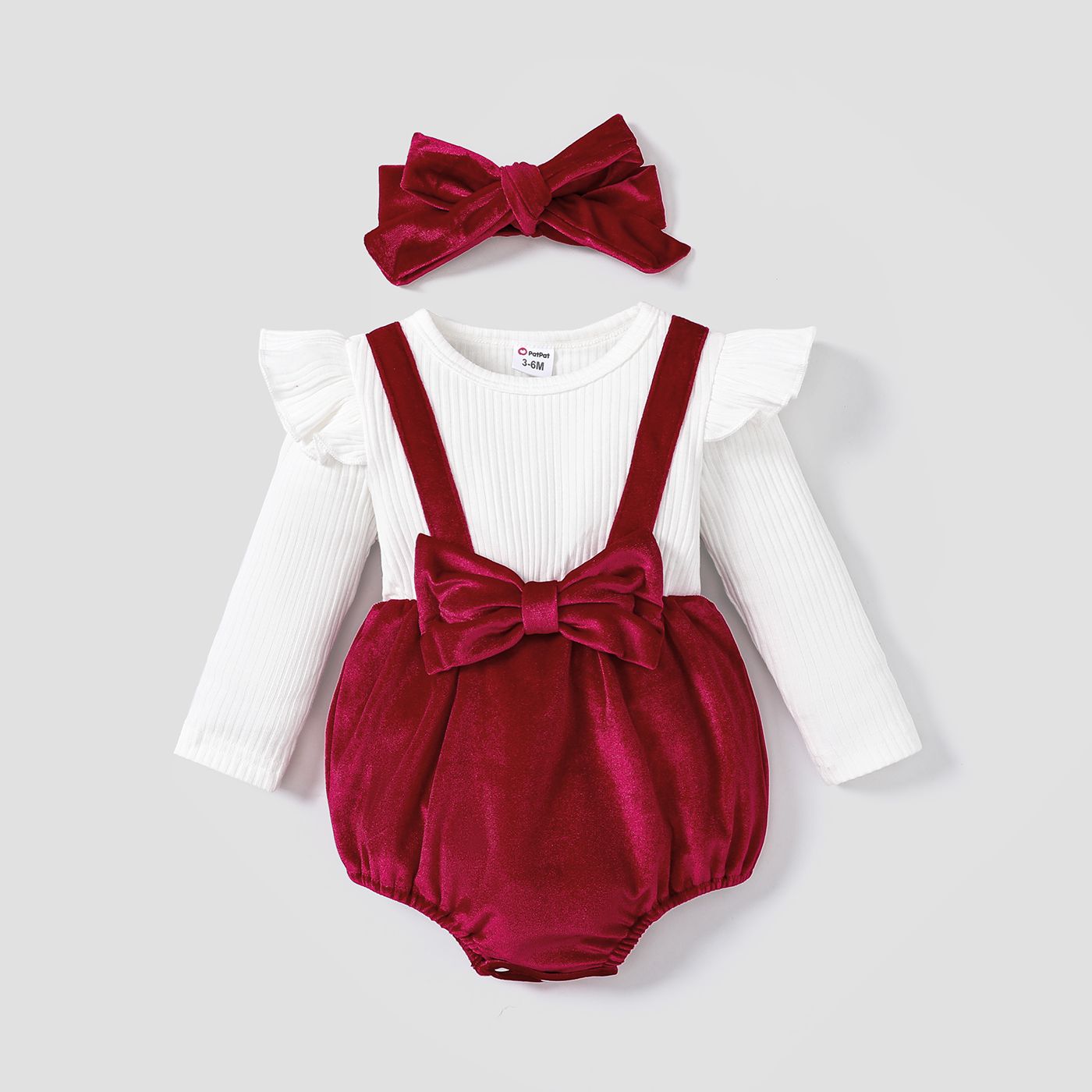 2pcs Baby Girl Cotton Ribbed Solid Spliced Long-sleeve Bow Front Romper & Headband Set