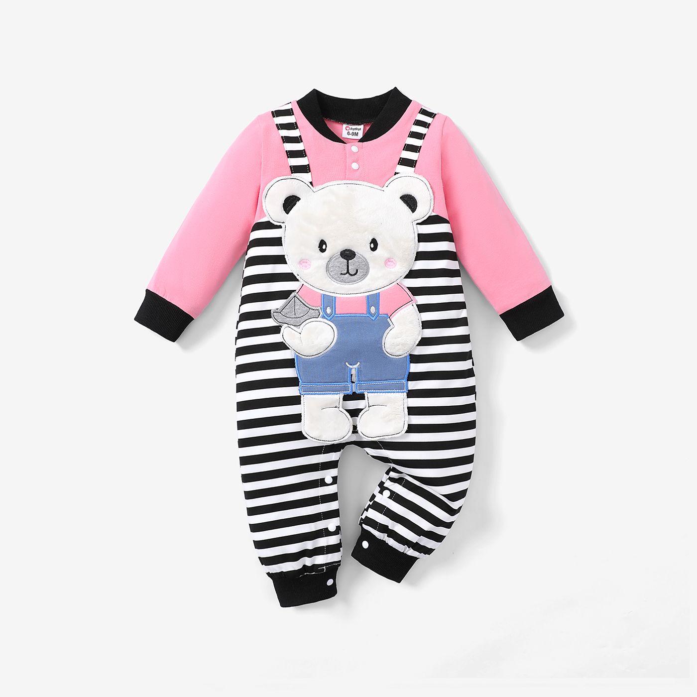 Baby Boy 95% Cotton Long-sleeve Bear Decor Striped Spliced Jumpsuit