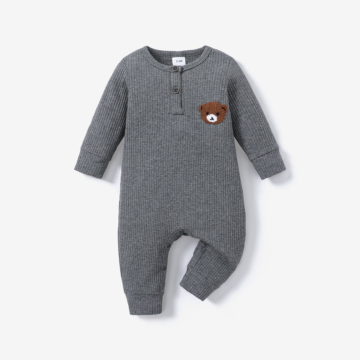 Baby Boy Bear Embroidered Cotton Ribbed Long-sleeve Jumpsuit