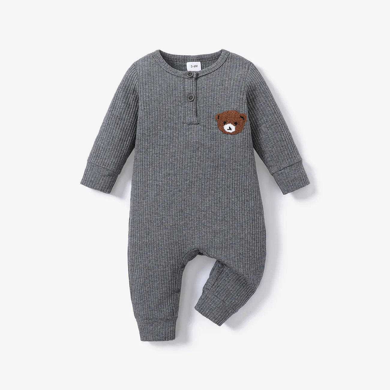 Baby Boy Bear Embroidered Cotton Ribbed Long-sleeve Jumpsuit Grey big image 1