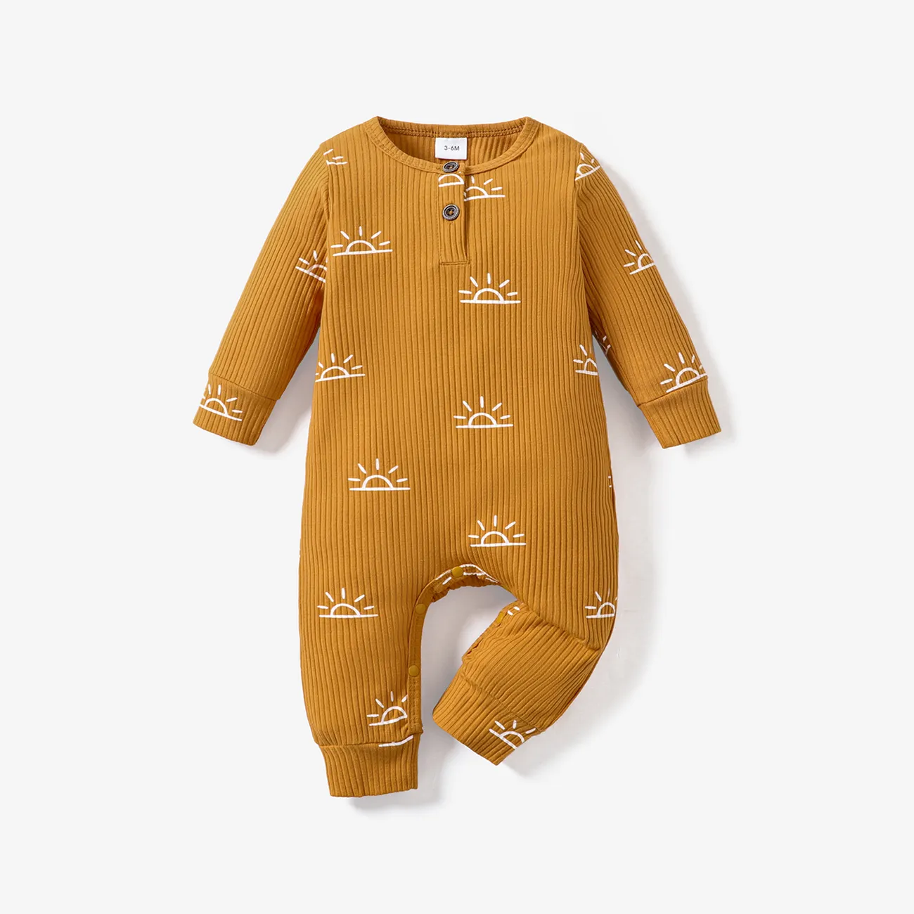 Baby Boy/Girl 95% Cotton Ribbed All Over Sun Print Long-sleeve Jumpsuit Yellow big image 1