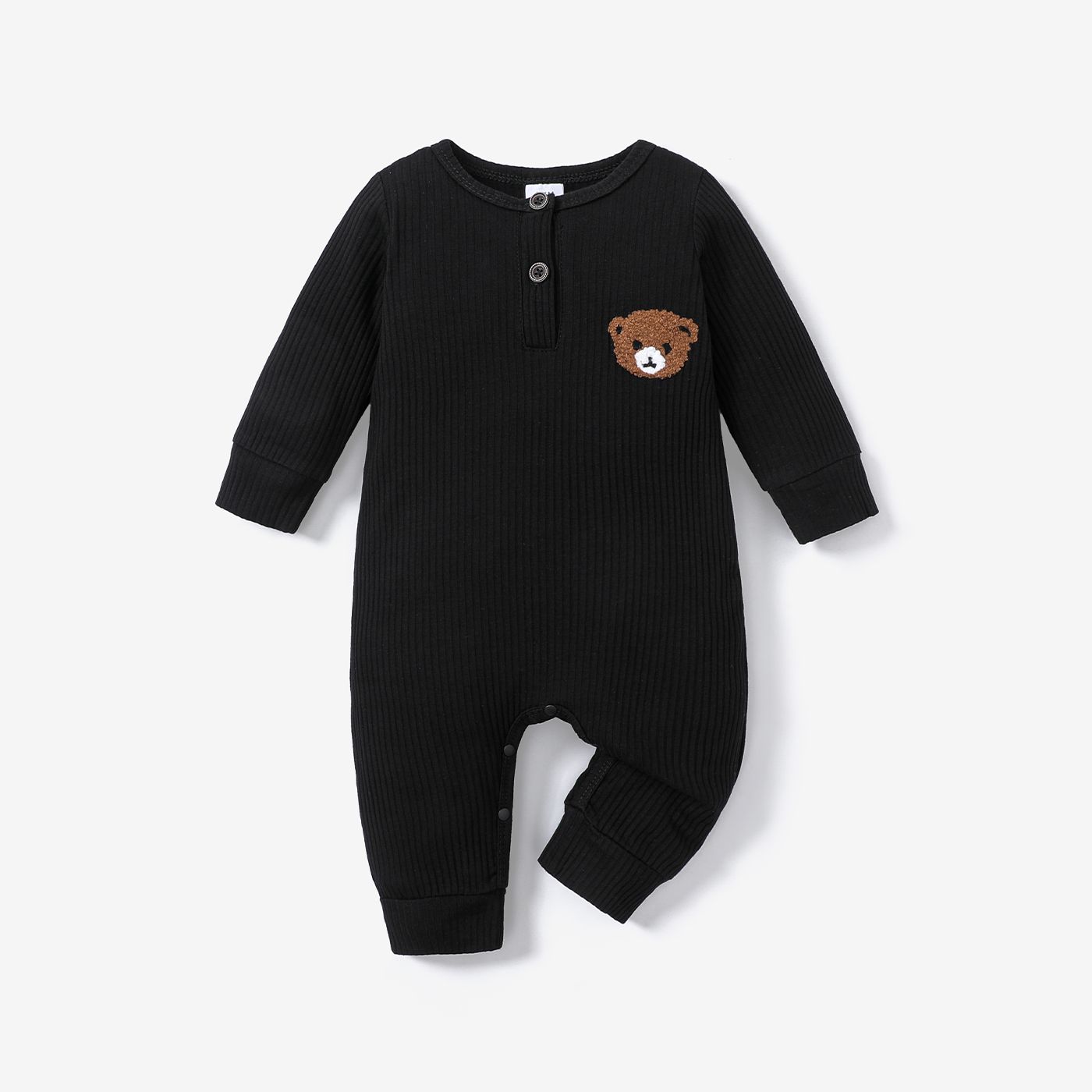 Baby Boy Bear Embroidered Cotton Ribbed Long-sleeve Jumpsuit