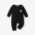 Baby Boy Bear Embroidered Cotton Ribbed Long-sleeve Jumpsuit Black