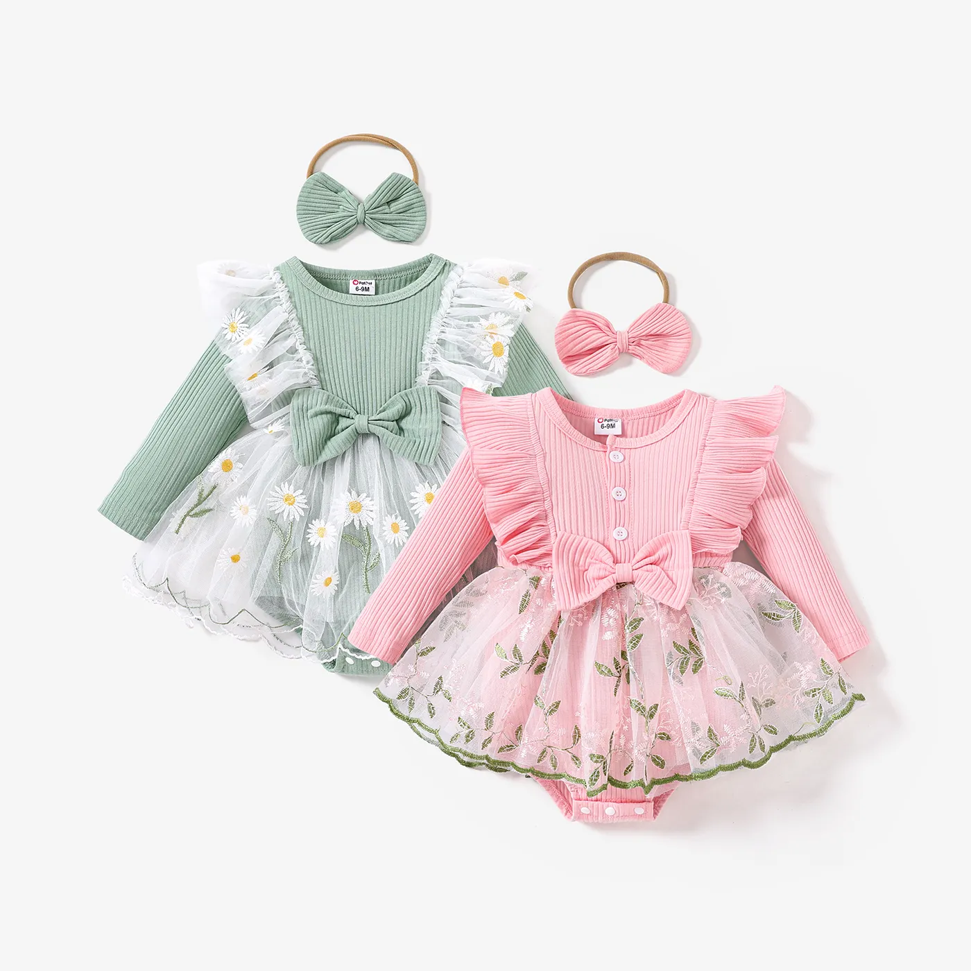 2pcs Baby Girl Sweet Fabric Stitching Long Sleeve Mesh Rompers Set Pink image 2