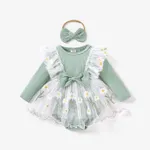 2pcs Baby Girl Sweet Fabric Stitching Long Sleeve Mesh Rompers Set Green
